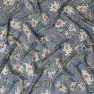 Elegant Slate Grey Synthetic Organza Fabric with Multicolor Floral Design, 110 cm Width-D19703
