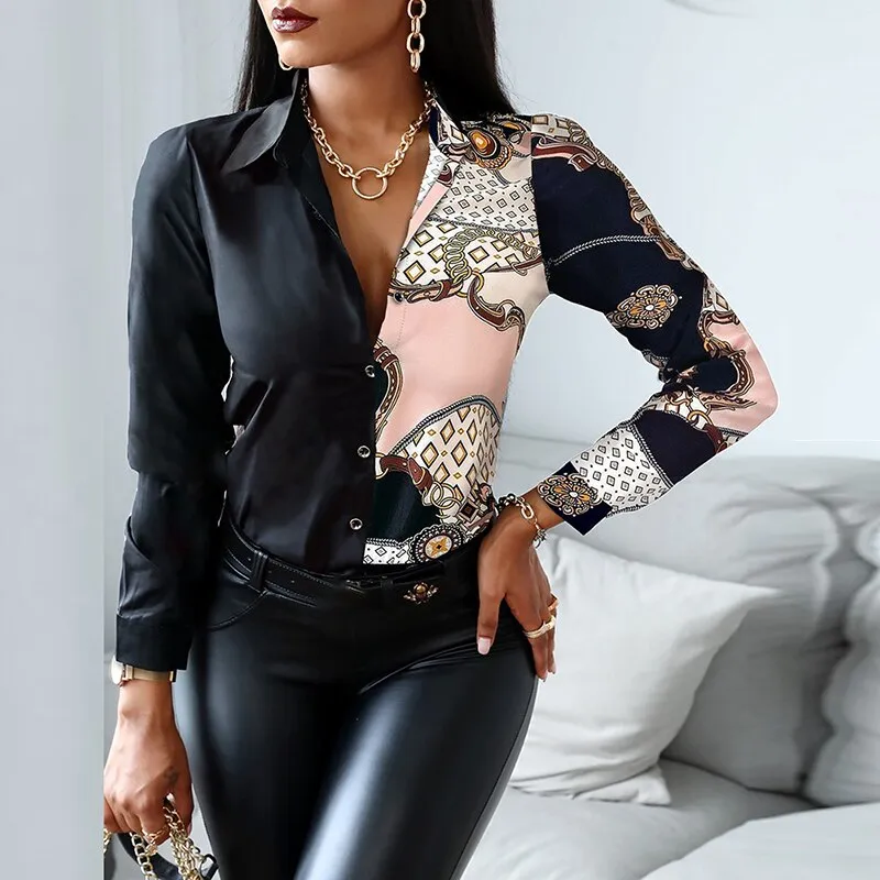 Fashion Elegant Scarf Chain Print Blouse
