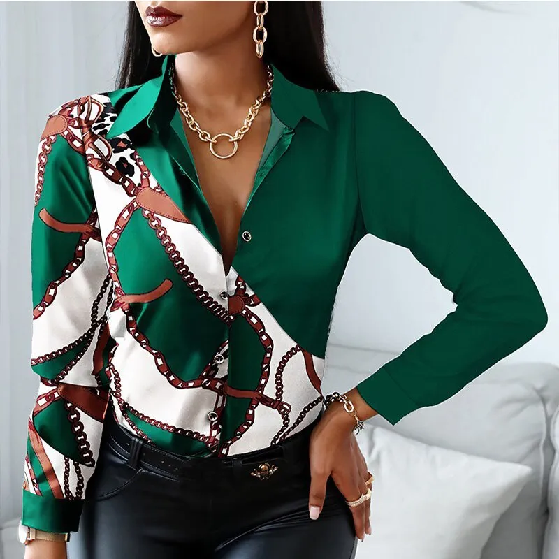 Fashion Elegant Scarf Chain Print Blouse