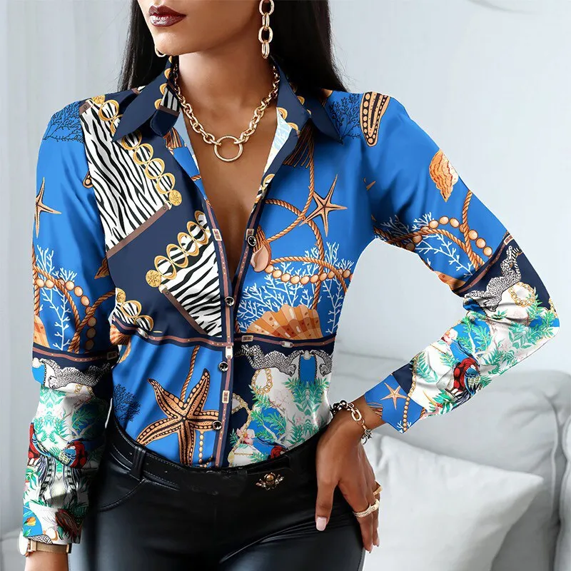 Fashion Elegant Scarf Chain Print Blouse