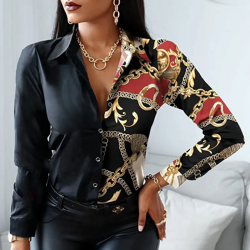 Fashion Elegant Scarf Chain Print Blouse