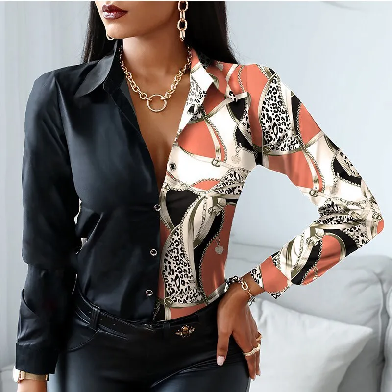 Fashion Elegant Scarf Chain Print Blouse