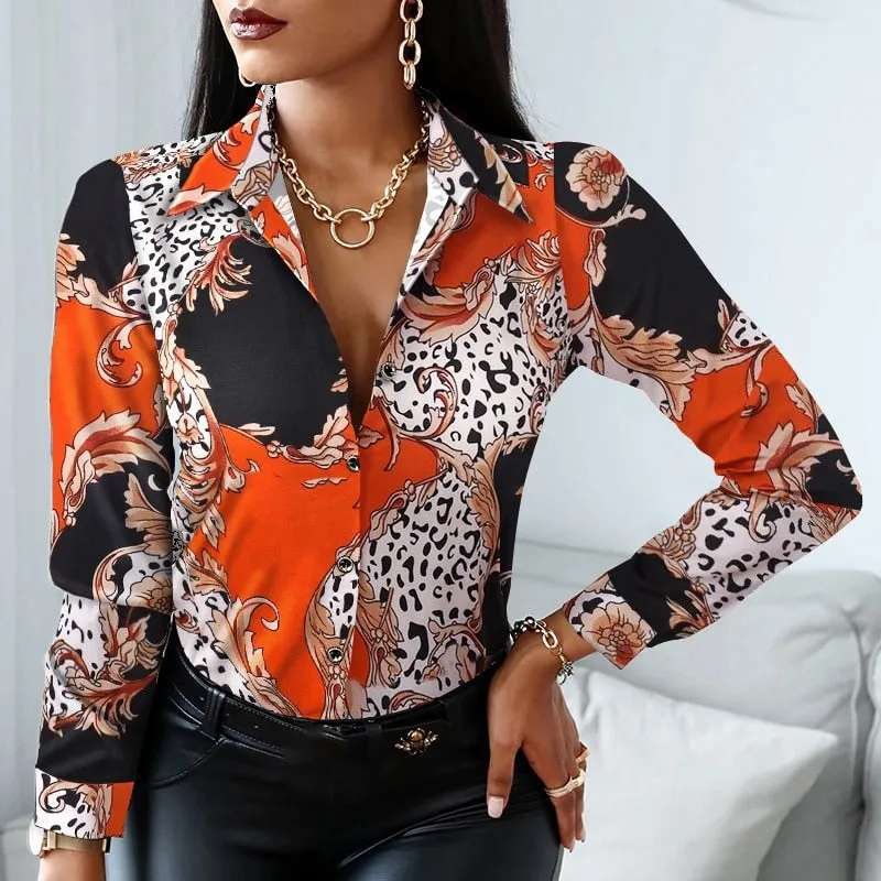 Fashion Elegant Scarf Chain Print Blouse