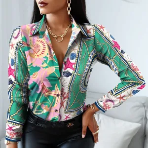 Fashion Elegant Scarf Chain Print Blouse