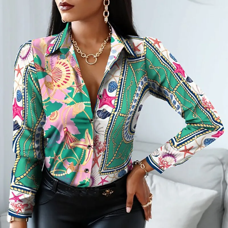 Fashion Elegant Scarf Chain Print Blouse