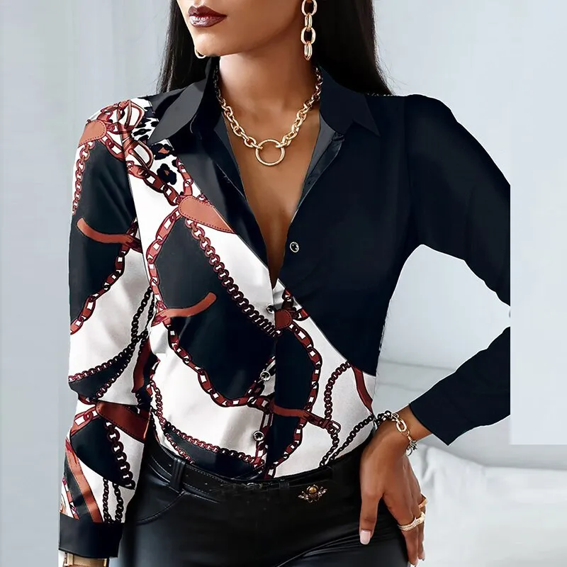 Fashion Elegant Scarf Chain Print Blouse