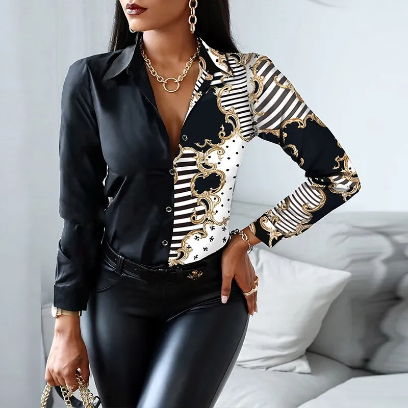Fashion Elegant Scarf Chain Print Blouse
