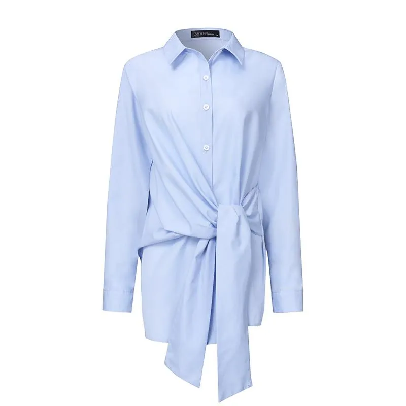 Fashion Women Long Sleeve Blouse Casual Lace Up Shirts Elegant Lapel Neck OL Asymmetric Tops