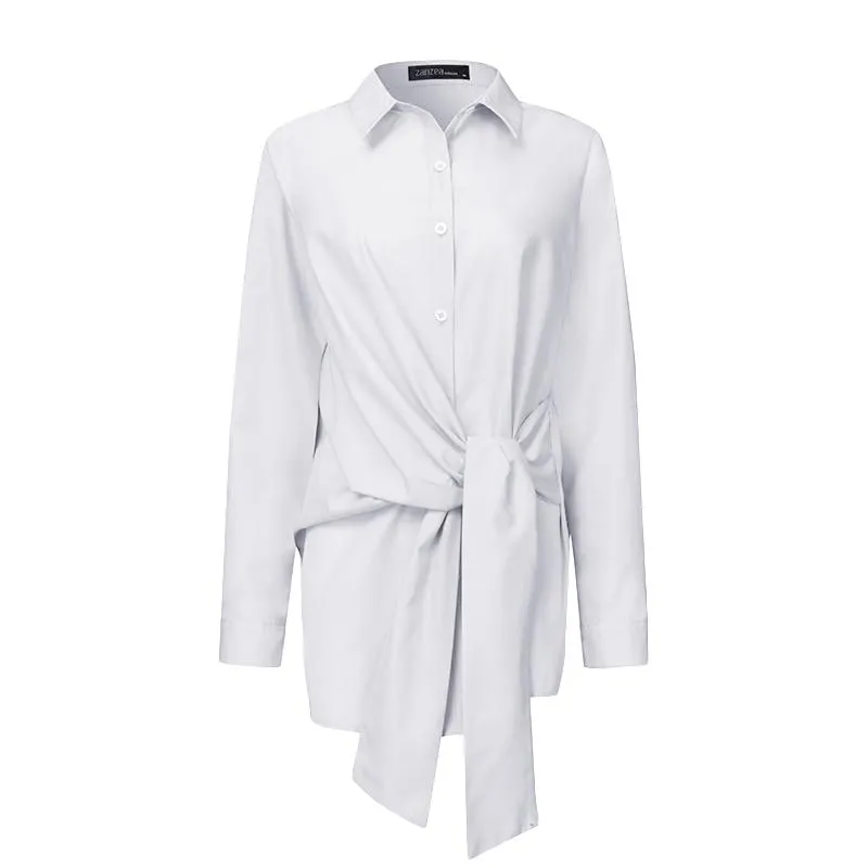 Fashion Women Long Sleeve Blouse Casual Lace Up Shirts Elegant Lapel Neck OL Asymmetric Tops