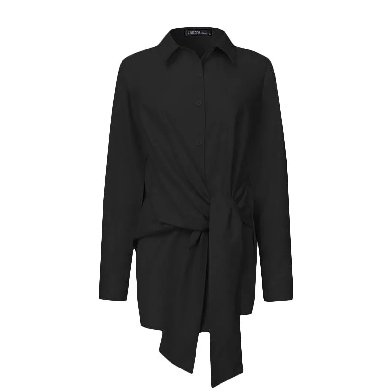 Fashion Women Long Sleeve Blouse Casual Lace Up Shirts Elegant Lapel Neck OL Asymmetric Tops
