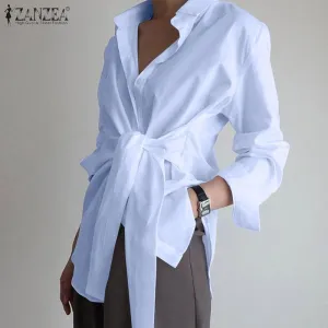 Fashion Women Long Sleeve Blouse Casual Lace Up Shirts Elegant Lapel Neck OL Asymmetric Tops