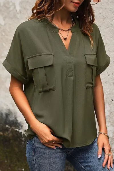 Flap Pockets Short Sleeve Notched Neck Blouse