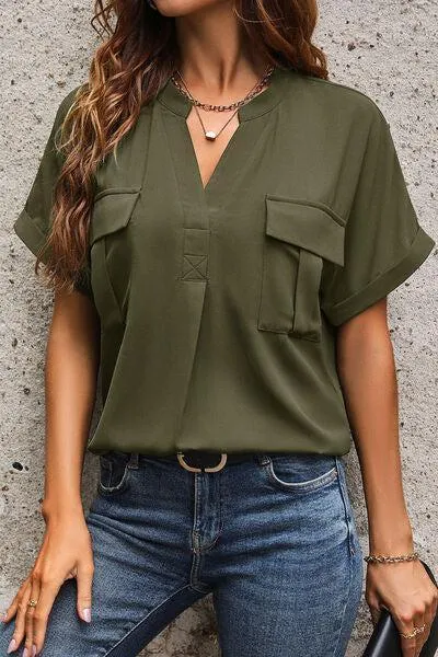 Flap Pockets Short Sleeve Notched Neck Blouse