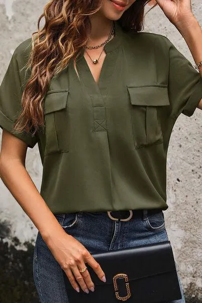 Flap Pockets Short Sleeve Notched Neck Blouse
