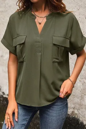 Flap Pockets Short Sleeve Notched Neck Blouse