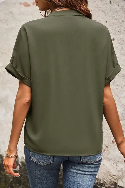 Flap Pockets Short Sleeve Notched Neck Blouse