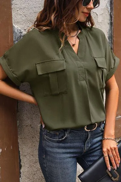 Flap Pockets Short Sleeve Notched Neck Blouse