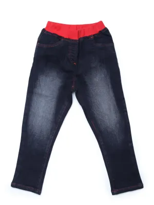 Girls Black Denim Jeans With Red Rib Waistband