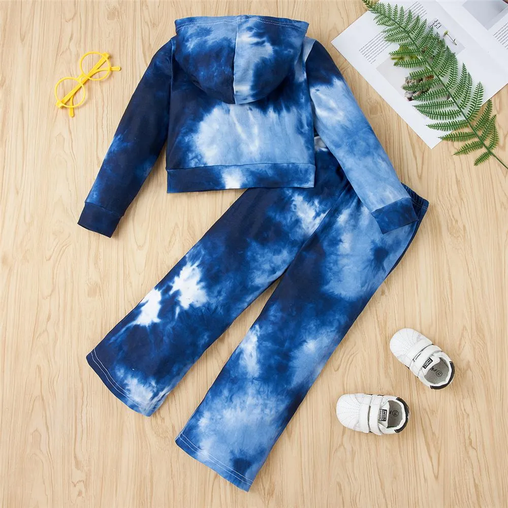 Girls Letter Long Sleeve Tie Dye Hooded Top & Pants Bulk Kids Clothing