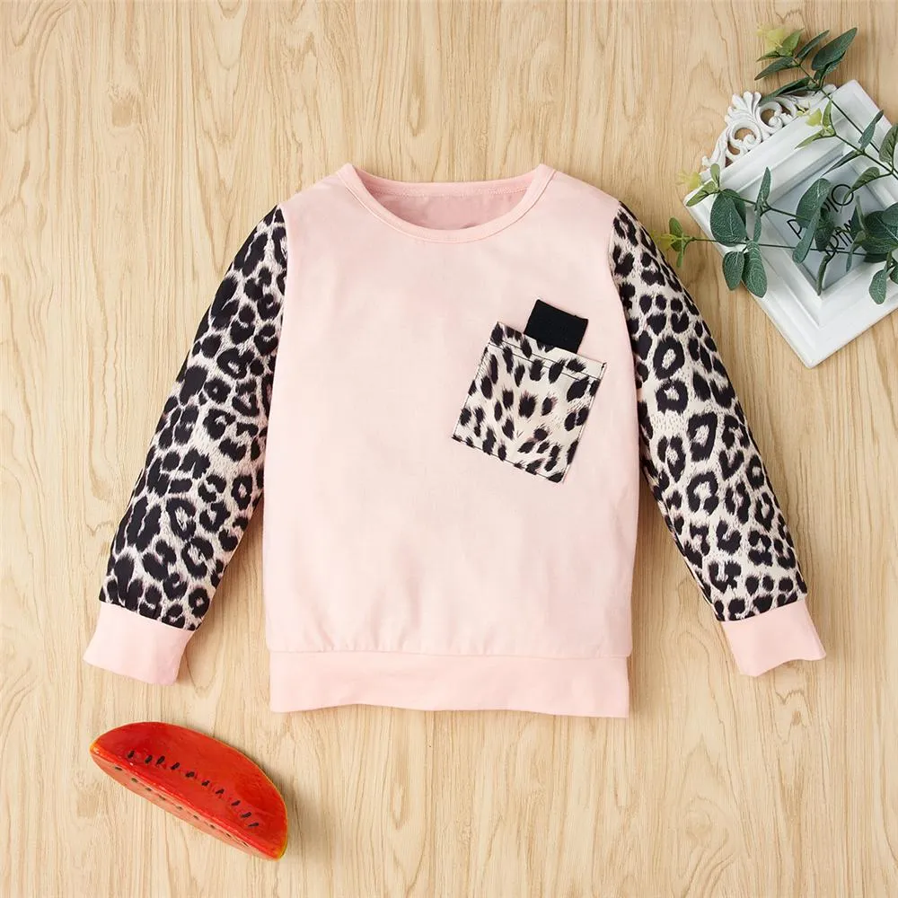 Girls Pocket Leopard Long Sleeve Top & Pants Girls Clothing Wholesale