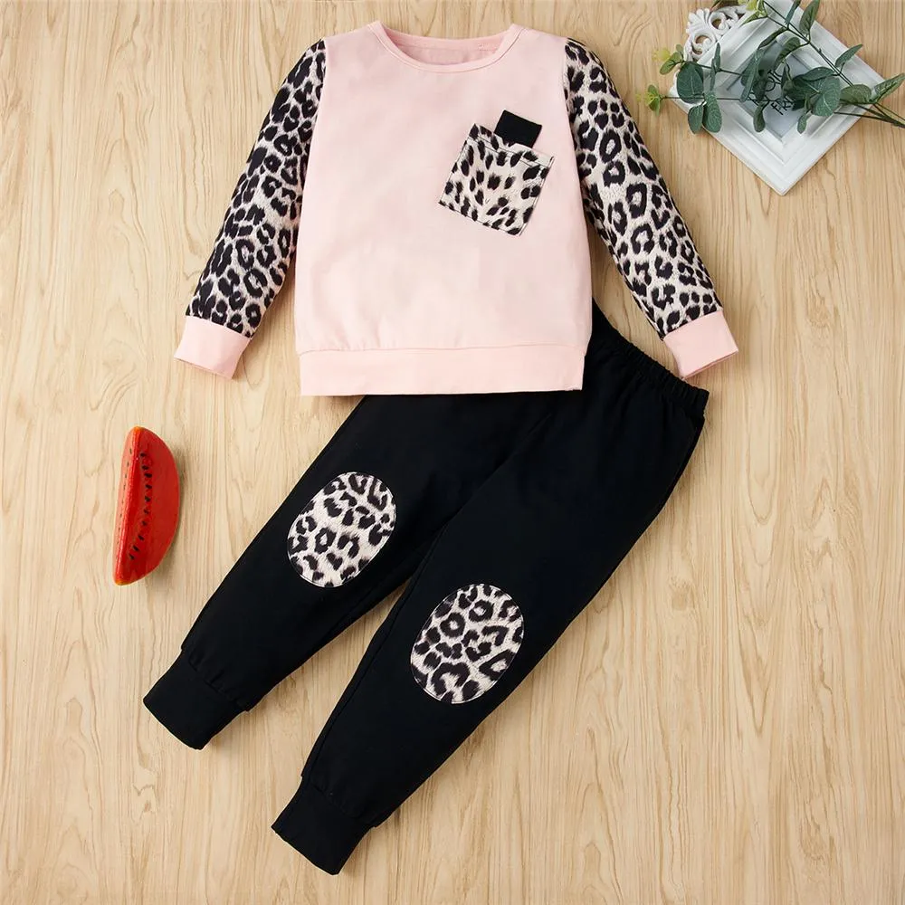 Girls Pocket Leopard Long Sleeve Top & Pants Girls Clothing Wholesale