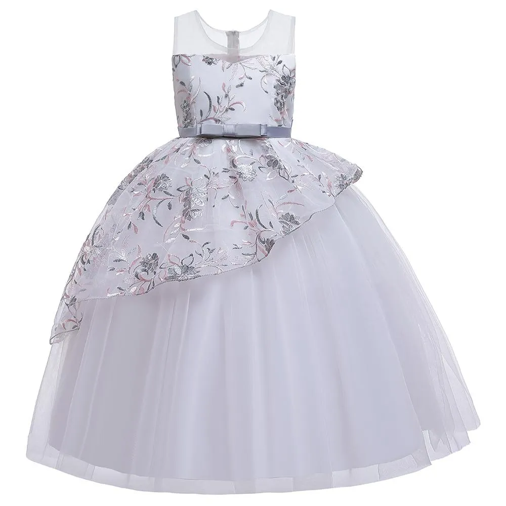 Girls' Wedding Dress Skirts Embroidered Long Dress Bow Princess Dress