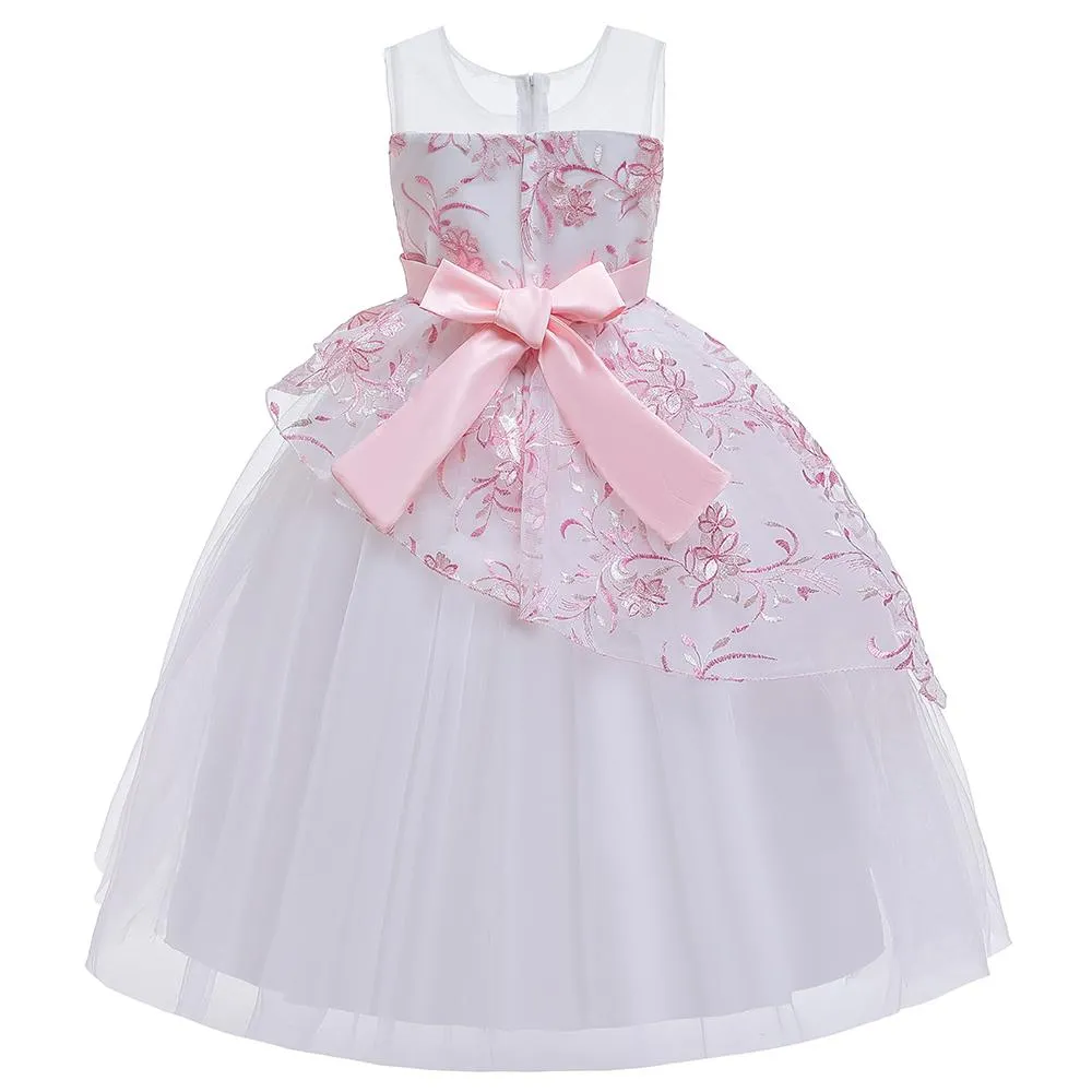 Girls' Wedding Dress Skirts Embroidered Long Dress Bow Princess Dress