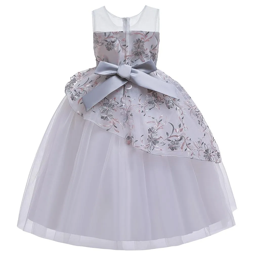 Girls' Wedding Dress Skirts Embroidered Long Dress Bow Princess Dress