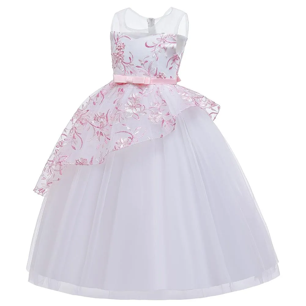Girls' Wedding Dress Skirts Embroidered Long Dress Bow Princess Dress