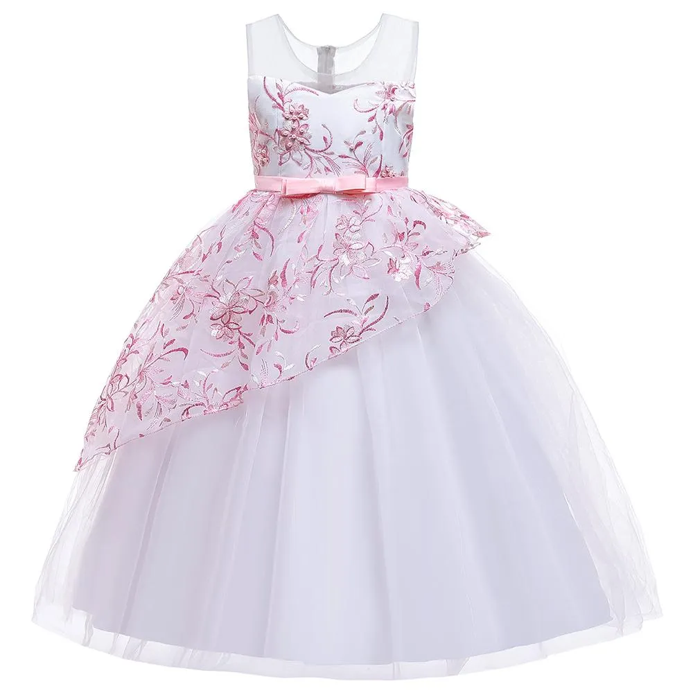Girls' Wedding Dress Skirts Embroidered Long Dress Bow Princess Dress