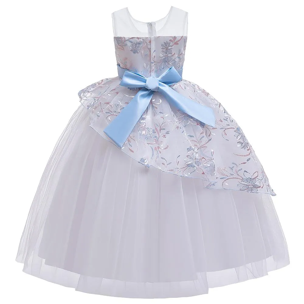 Girls' Wedding Dress Skirts Embroidered Long Dress Bow Princess Dress