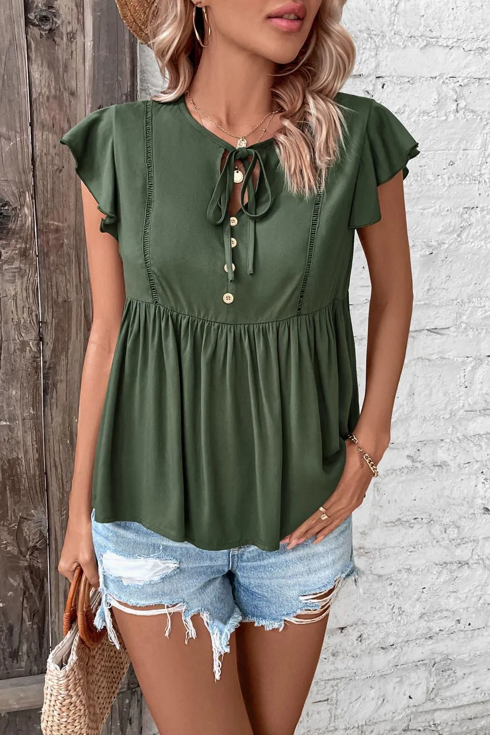 Go Easy Buttoned Flutter Short Sleeve Babydoll Top