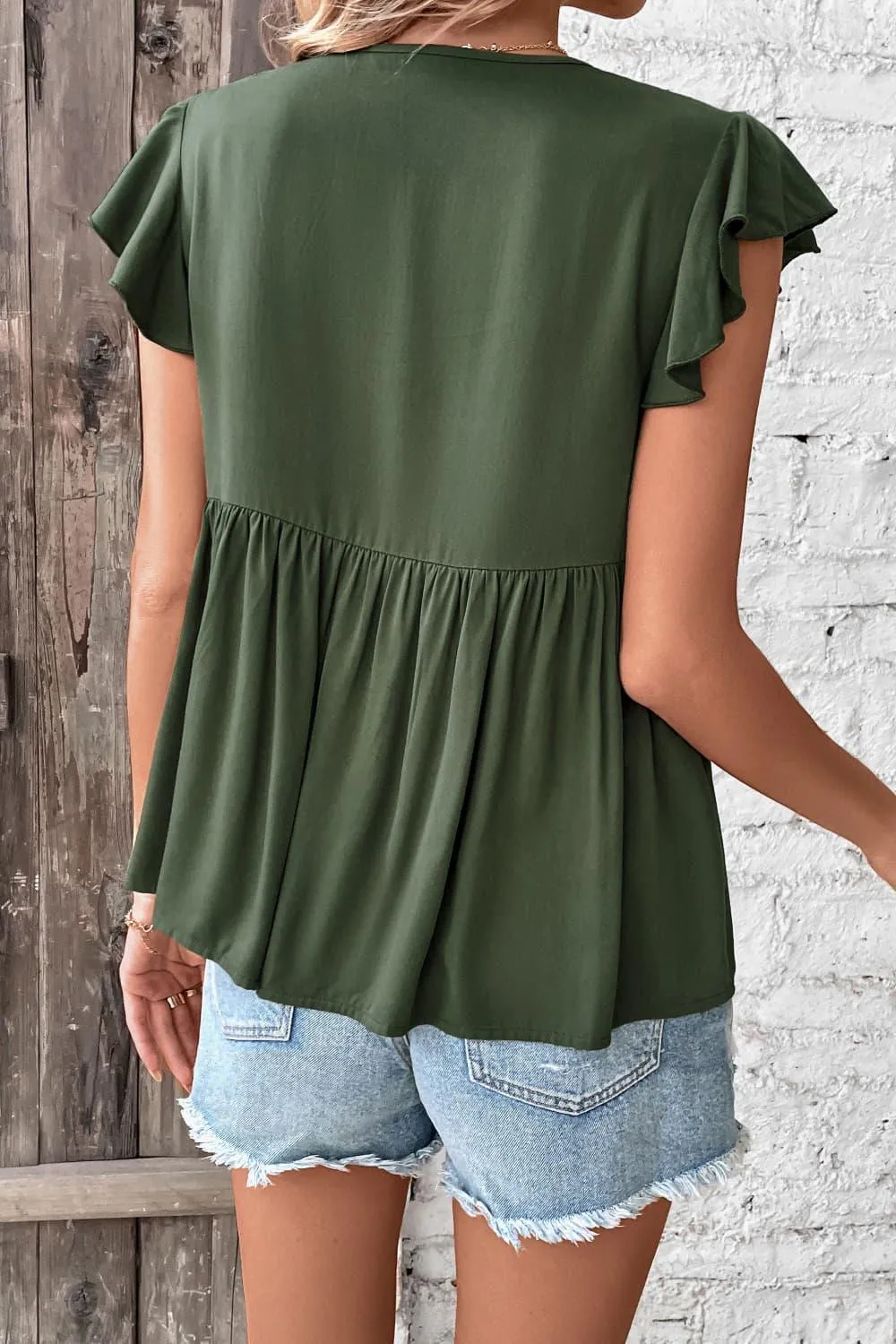 Go Easy Buttoned Flutter Short Sleeve Babydoll Top