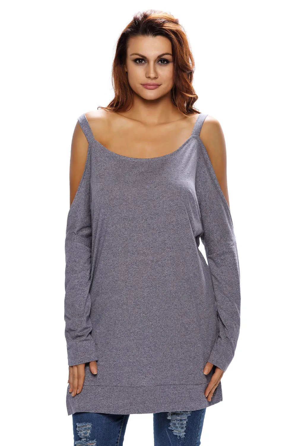 Gray Asymmetric Cold Shoulder Side Split Long Sleeve Blouse