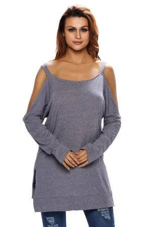 Gray Asymmetric Cold Shoulder Side Split Long Sleeve Blouse