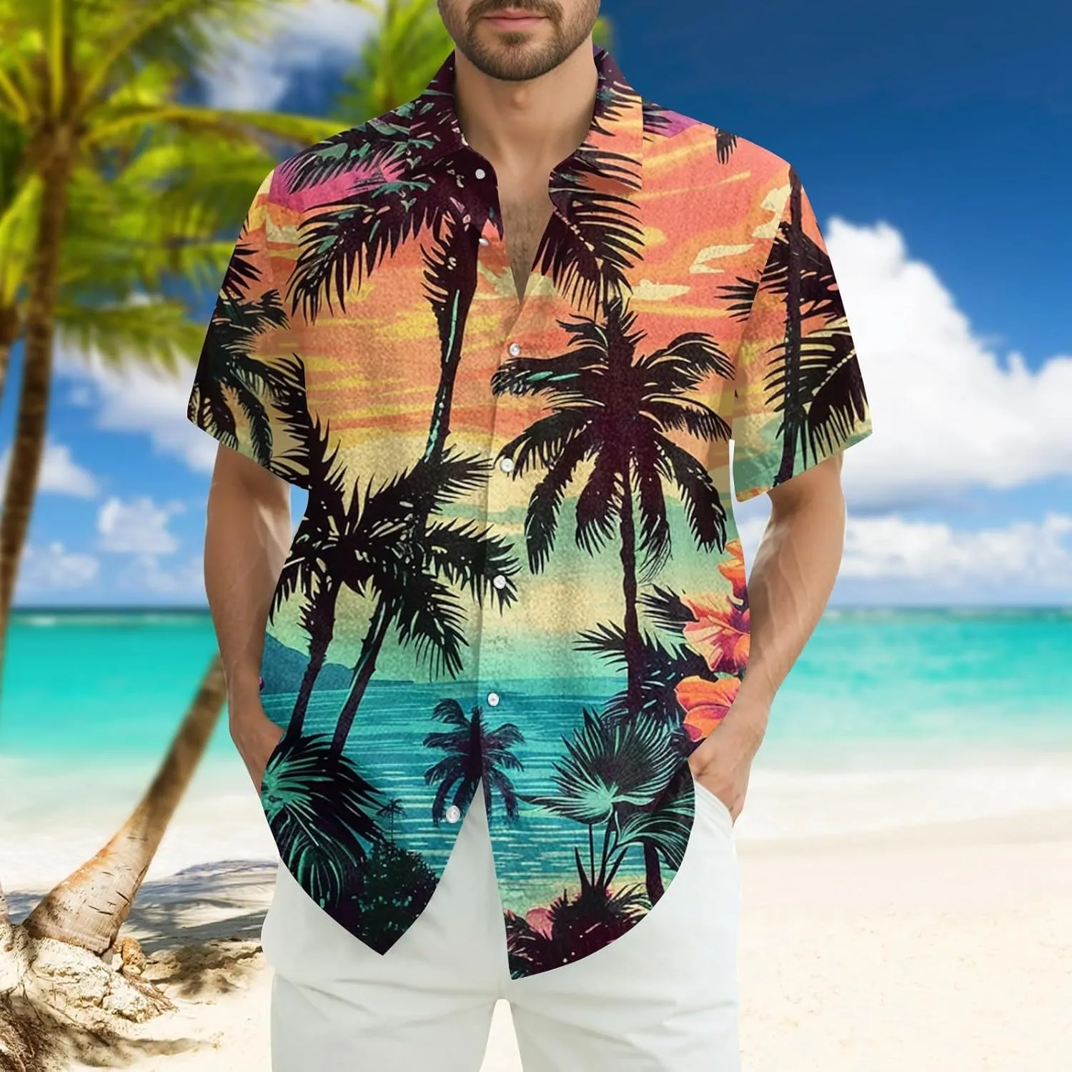 Hawaiian Button Down Shirts for Men Short Sleeve Tropical Print Tops Casual Loose Summer Beach Vacation Blouses