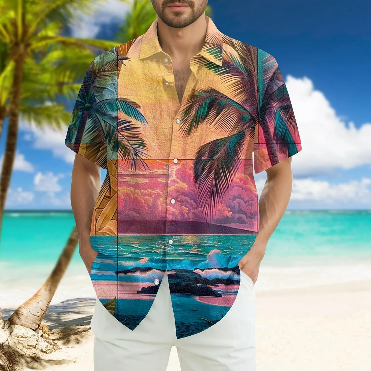 Hawaiian Button Down Shirts for Men Short Sleeve Tropical Print Tops Casual Loose Summer Beach Vacation Blouses