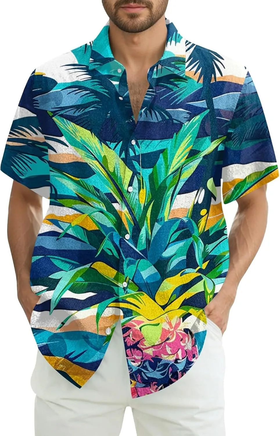 Hawaiian Button Down Shirts for Men Short Sleeve Tropical Print Tops Casual Loose Summer Beach Vacation Blouses