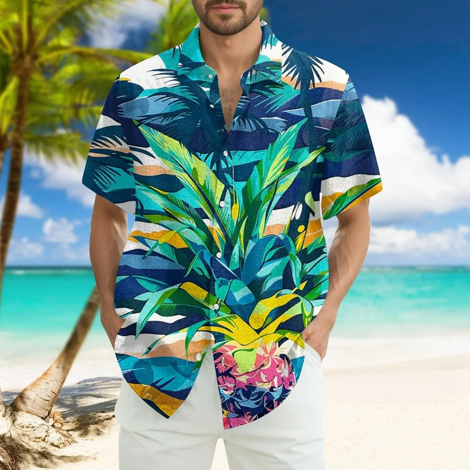 Hawaiian Button Down Shirts for Men Short Sleeve Tropical Print Tops Casual Loose Summer Beach Vacation Blouses
