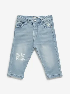 HOP Baby Blue Text Printed Mid Rise Relaxed Fit Jeans