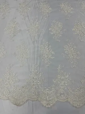 Ivory Floral Lace Fabric, Embroidery on a Mesh Lace Fabric By The Yard For Gown, Wedding-Bridal-Dress