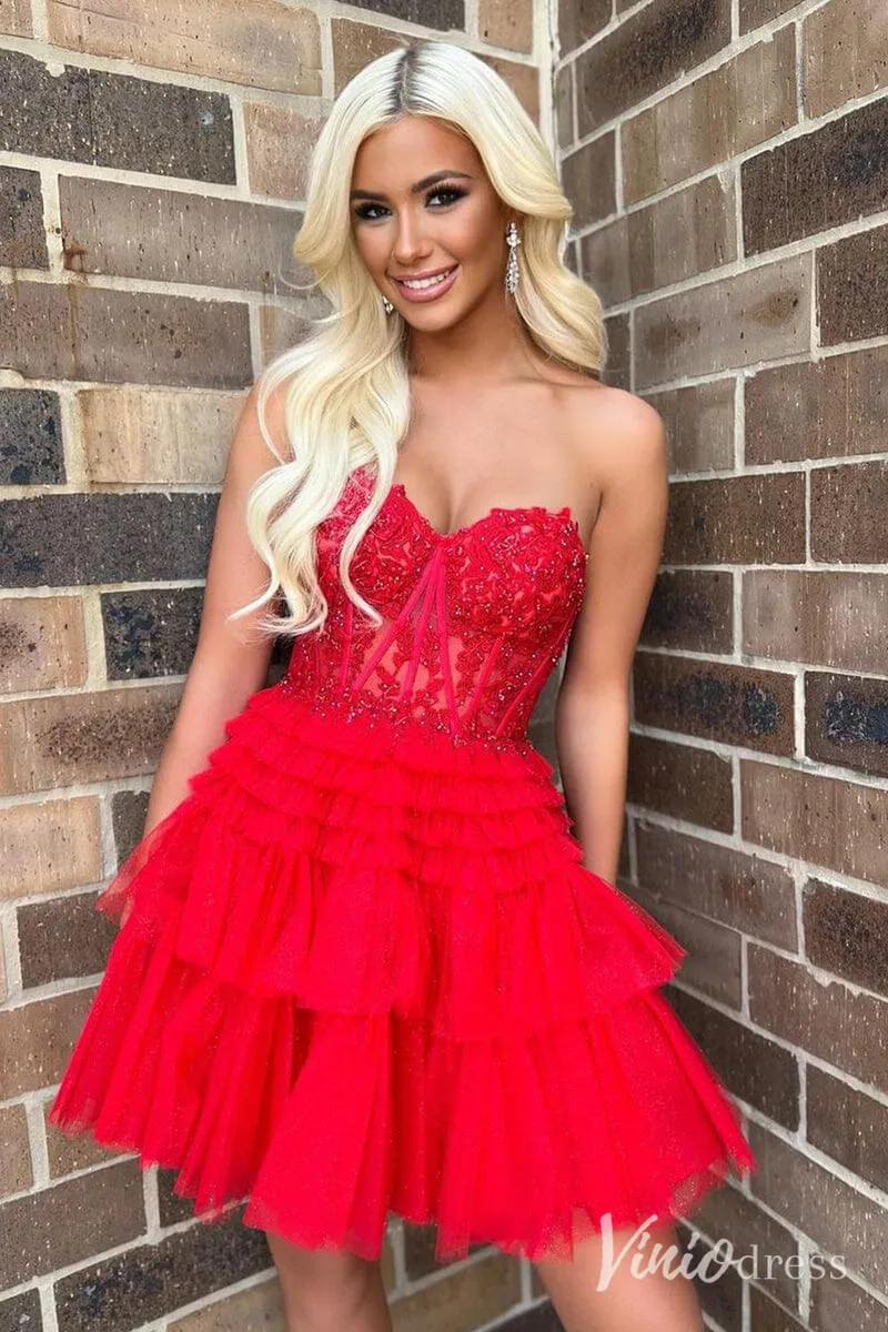 Ivory Sweetheart Tiered Homecoming Dresses Lace Applique Back to School Dress SD1676