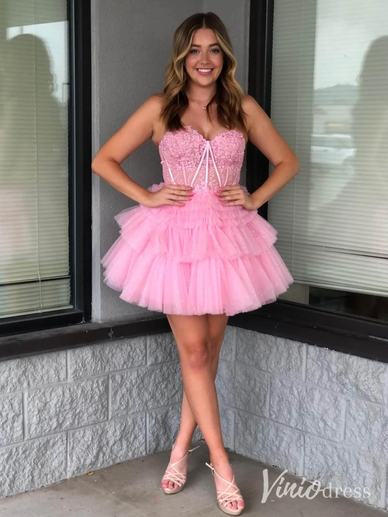 Ivory Sweetheart Tiered Homecoming Dresses Lace Applique Back to School Dress SD1676