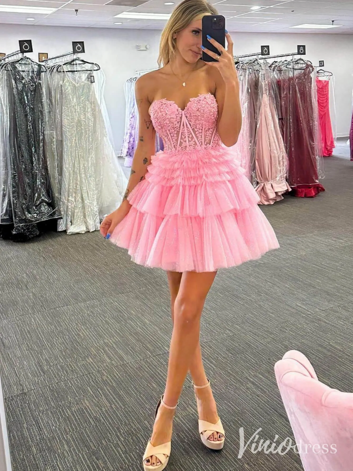 Ivory Sweetheart Tiered Homecoming Dresses Lace Applique Back to School Dress SD1676