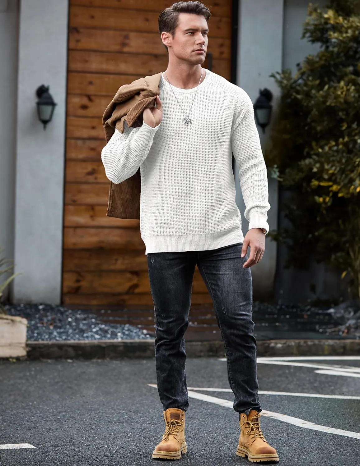 JMIERR Men's Crewneck Pullover Sweater Waffle Textured Knitted Sweaters Casual Loose Fit Sweaters with Ribbing Edge