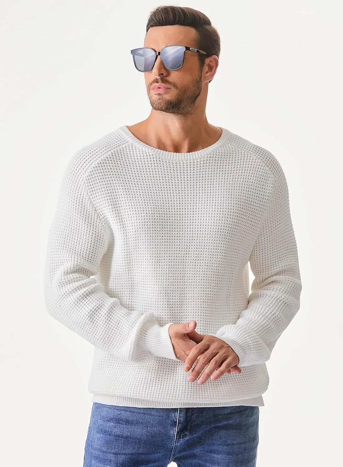 JMIERR Men's Crewneck Pullover Sweater Waffle Textured Knitted Sweaters Casual Loose Fit Sweaters with Ribbing Edge