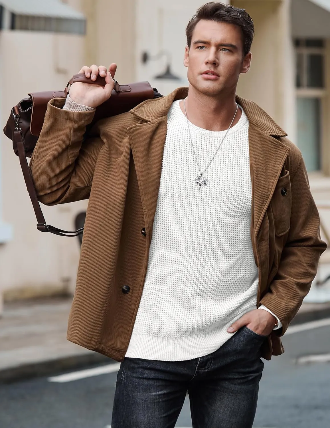JMIERR Men's Crewneck Pullover Sweater Waffle Textured Knitted Sweaters Casual Loose Fit Sweaters with Ribbing Edge
