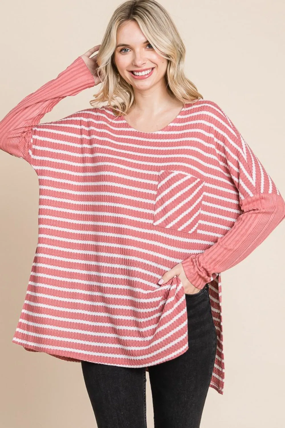 KESLEY Oversize Striped Round Neck Long Sleeve Slit T-Shirt New Women's Casual Blouse