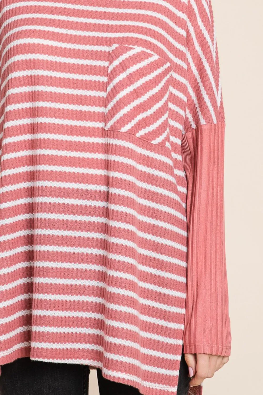 KESLEY Oversize Striped Round Neck Long Sleeve Slit T-Shirt New Women's Casual Blouse