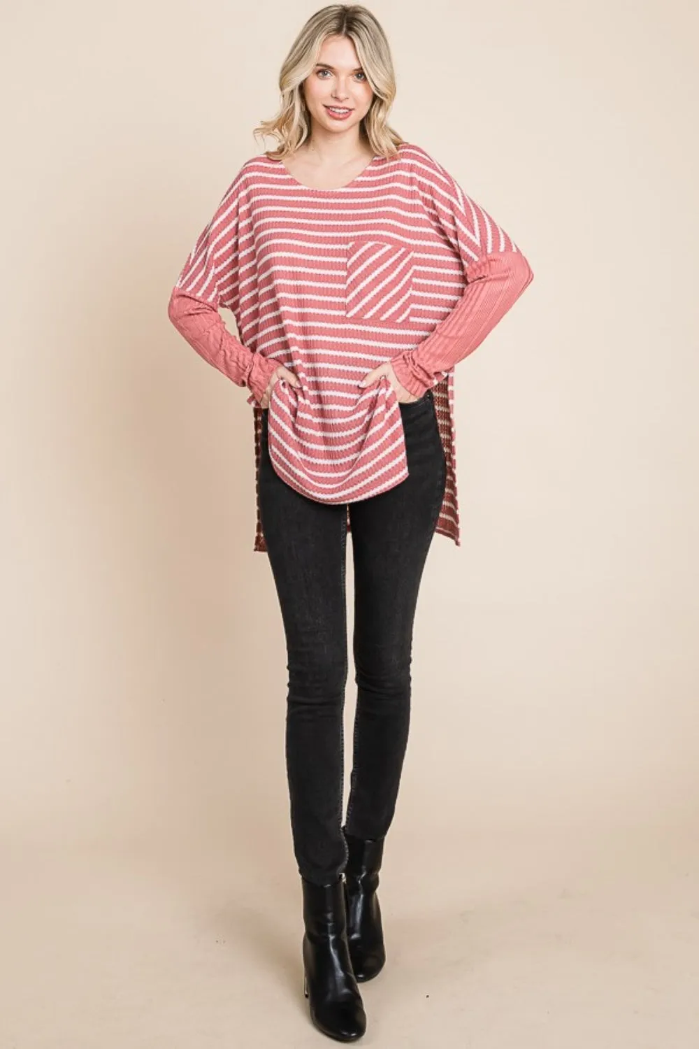 KESLEY Oversize Striped Round Neck Long Sleeve Slit T-Shirt New Women's Casual Blouse